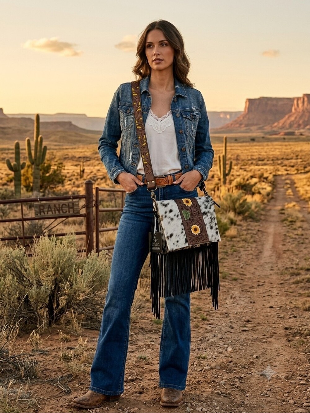 Tooled Floral Cowhide Fringe Shoulder Bag - Black/Brown/White